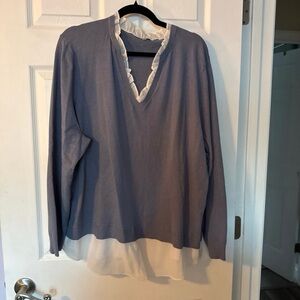 Women's V-Neck Sweater with Ruffle Trim - Blue and White
